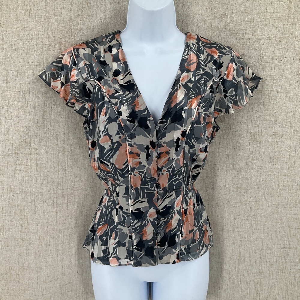 Anne Klein Blouse Women 8 Grey Silk Abstract Floral Flutter Sleeve V-Neck Boho